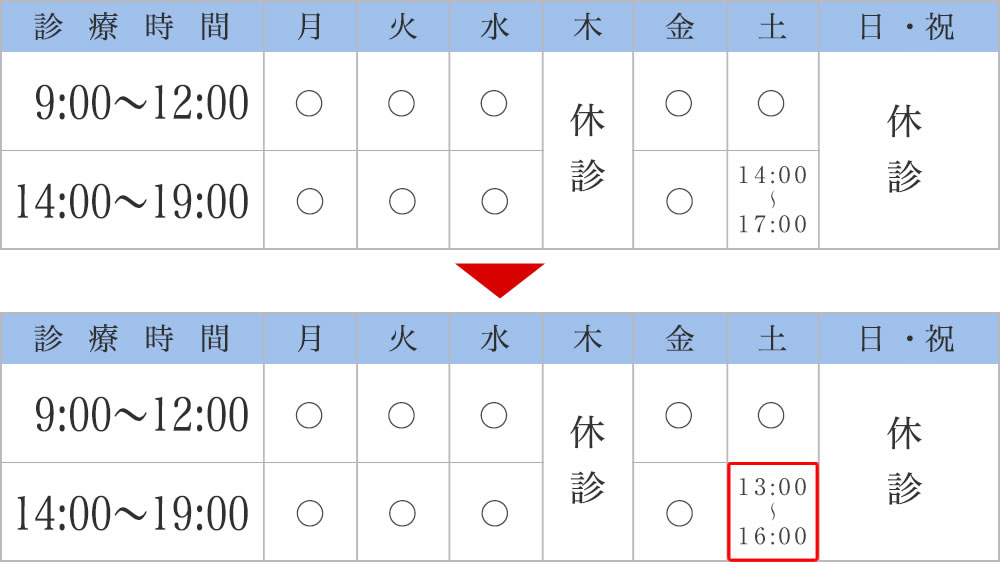 土曜日午後の診療時間変更のお知らせ【2021年(令和3年)6月より】